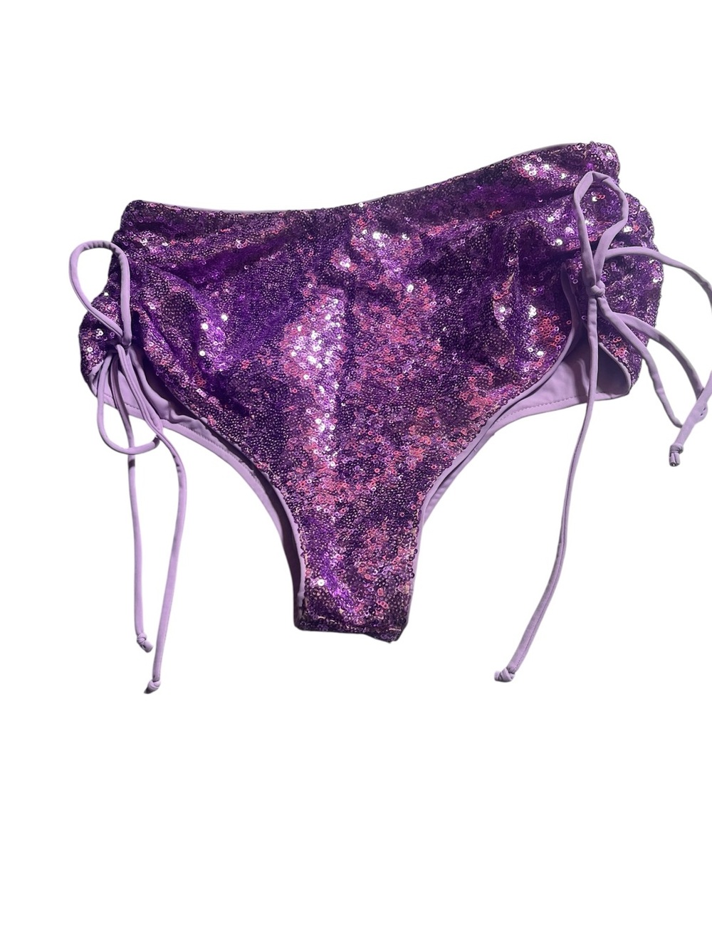 For the love & lemons high-waisted purple sequin bikini bottoms featuring adjust